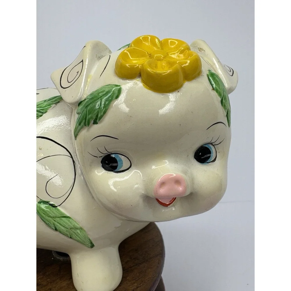 Vtg Plastic Piggy Bank Flowers Stopper White Yellow Whimsical Textured